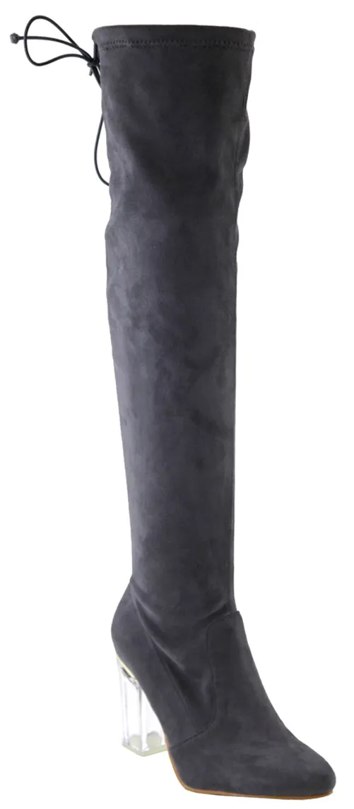 Bella Marie Women's Closed Almond Toe Lucite Heel Stretch Over the Knee Boot