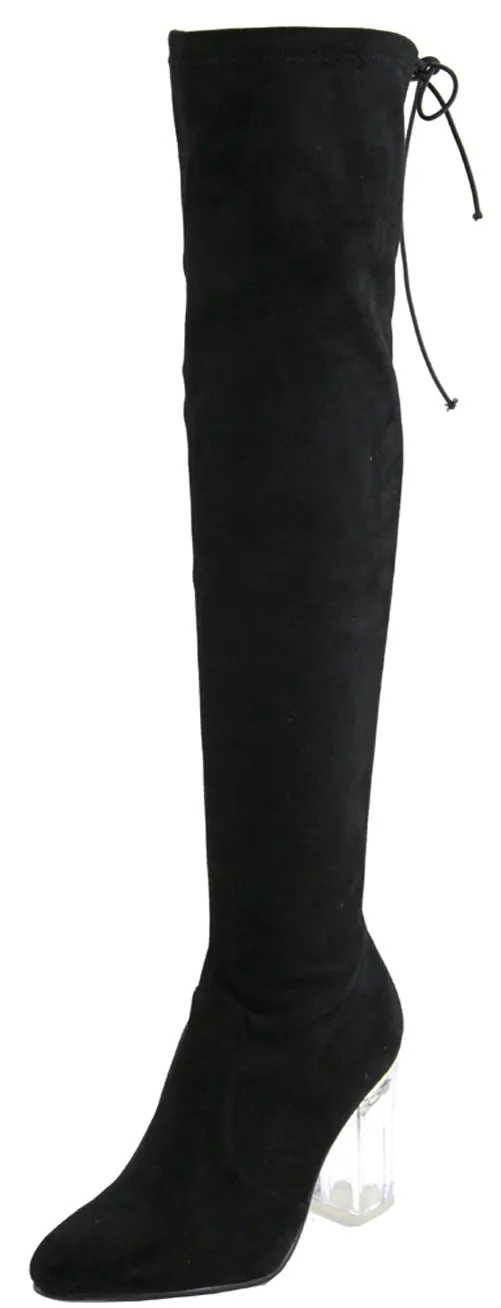 Bella Marie Women's Closed Almond Toe Lucite Heel Stretch Over the Knee Boot