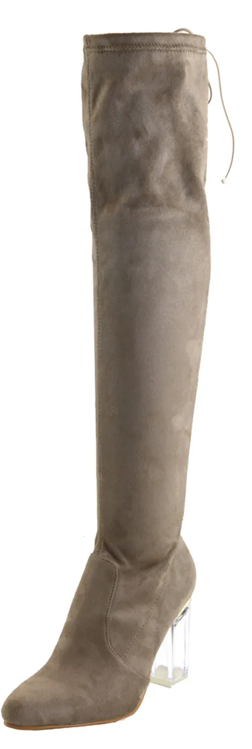 Bella Marie Women's Closed Almond Toe Lucite Heel Stretch Over the Knee Boot