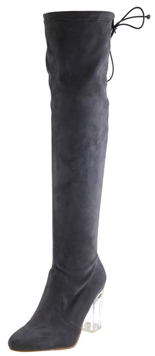 Bella Marie Women's Closed Almond Toe Lucite Heel Stretch Over the Knee Boot