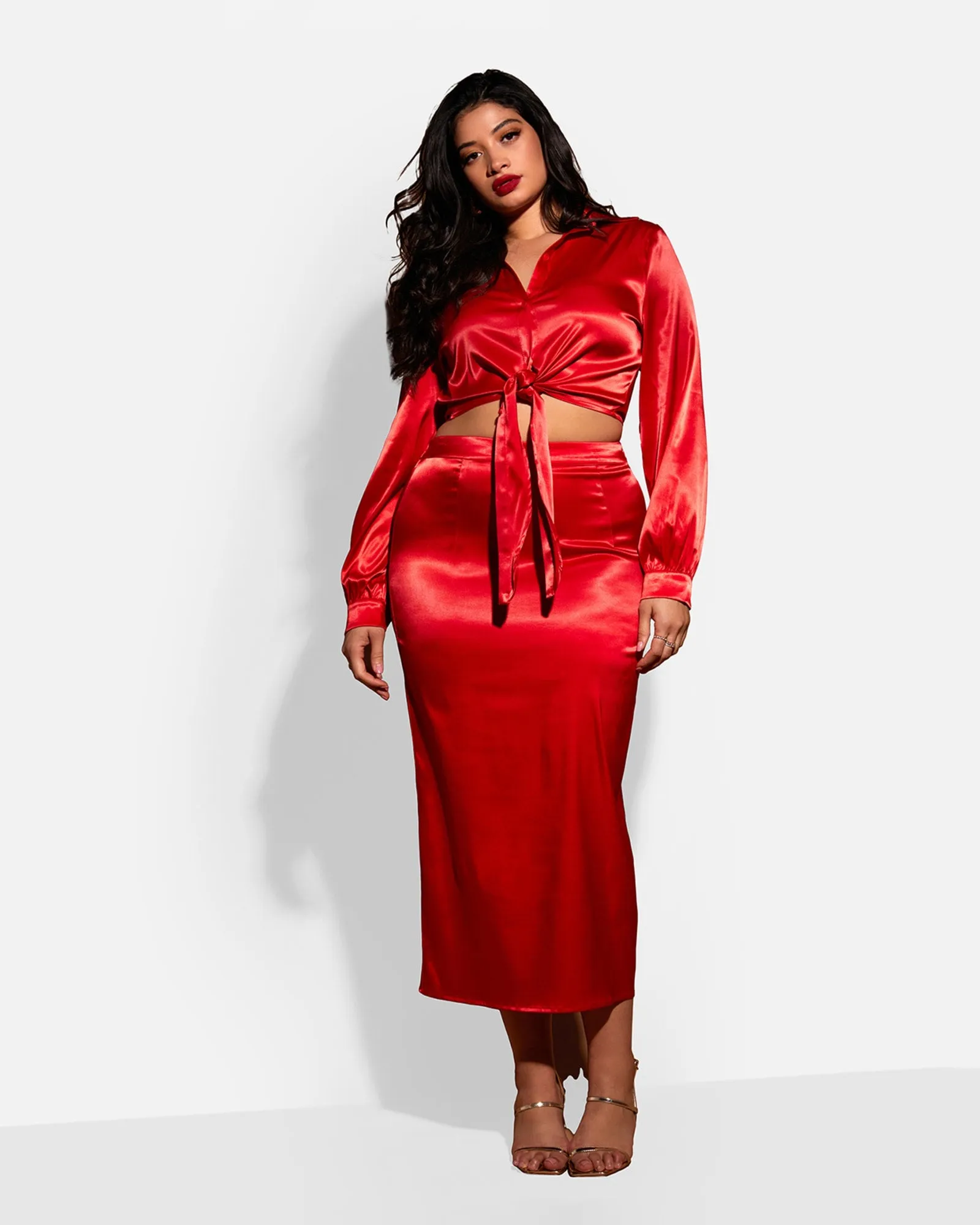 Frankie Satin Midi Slip Skirt | Red