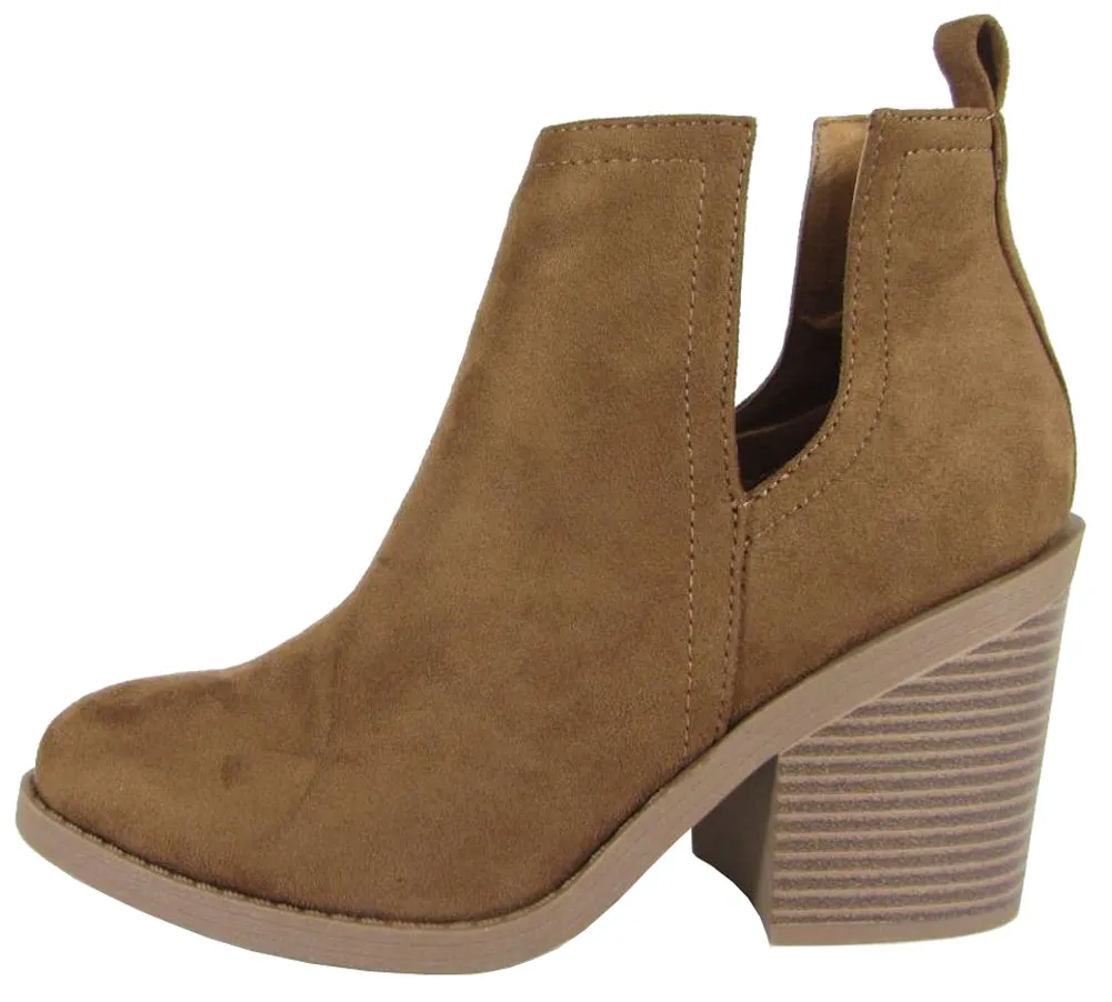 Soda Women's Cut Out Side Closed Toe Chunky Stacked Block Heel Ankle Bootie