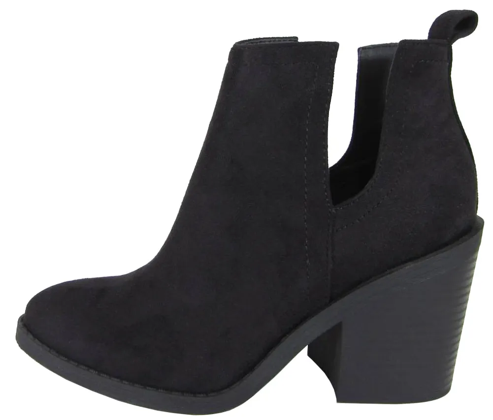 Soda Women's Cut Out Side Closed Toe Chunky Stacked Block Heel Ankle Bootie