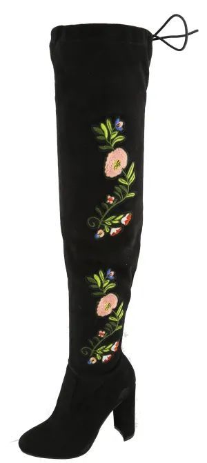 Top Moda Women's Embroidered Chunky Stacked Block Heel Over the Knee Boot