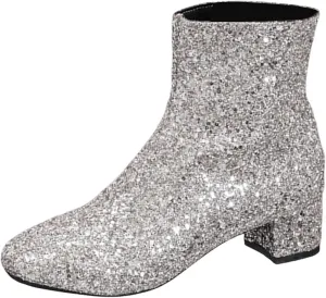Zipper Glitter Boots For Women Chunky Heel Ankle Booties Silver Sparkle Boots 70'S Disco Boots Sequin Wedding Boots